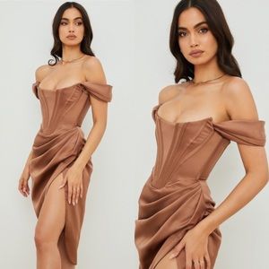 House of CB Toffee Loretta Dress brown corset satin dress boned size XS NWOT